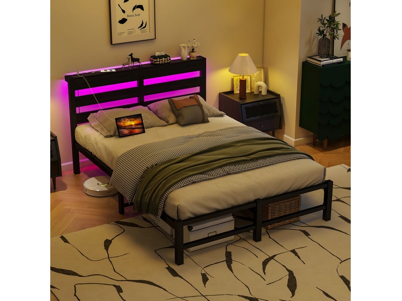 Lit adulte 120x200 cm noir avec led rgb, 2 ports usb, rangement sous le lit et cadre métallique - Conforama B