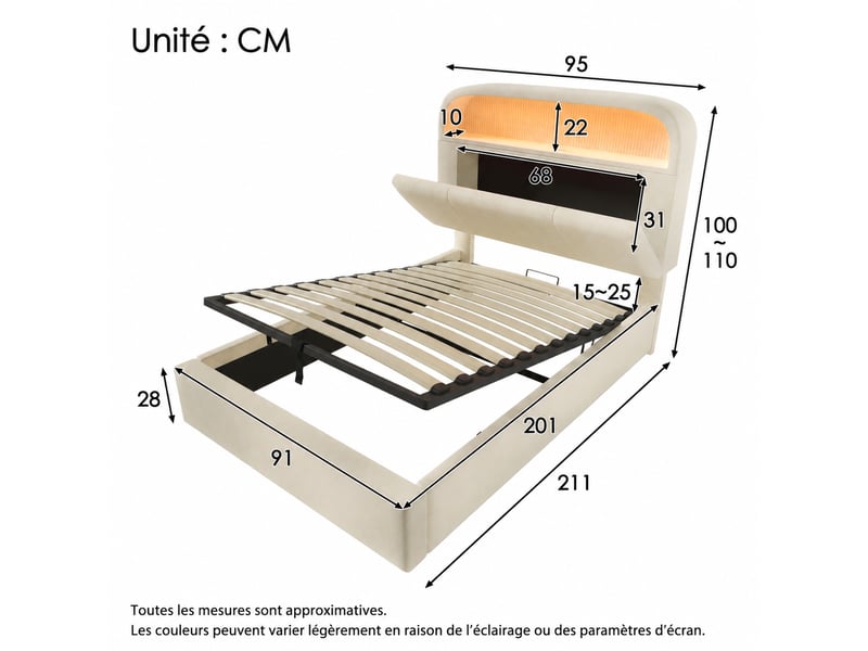 Lit coffre 90x200 cm - lit rembourré avec led, tête de lit réglable, station de charge usbtype-c, coffre hydraulique, velours beige - sans matelas  - Conforama C