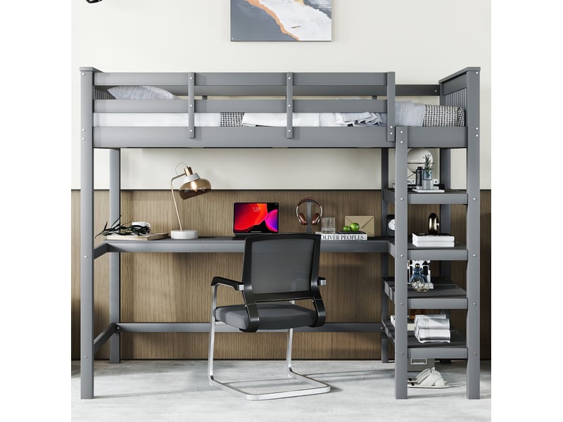  Lit mezzanine enfant 90x200 cm avec bureau et étagères gris  - Conforama E
