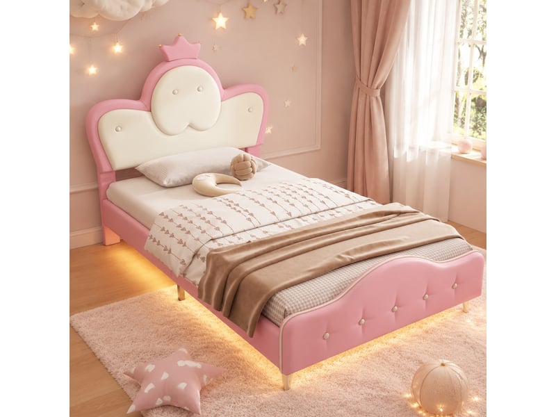 Lit simple enfant 200×90 cm avec éclairage led et tête de lit couronnée, en pu rose et blanc, sans matelas - Conforama B