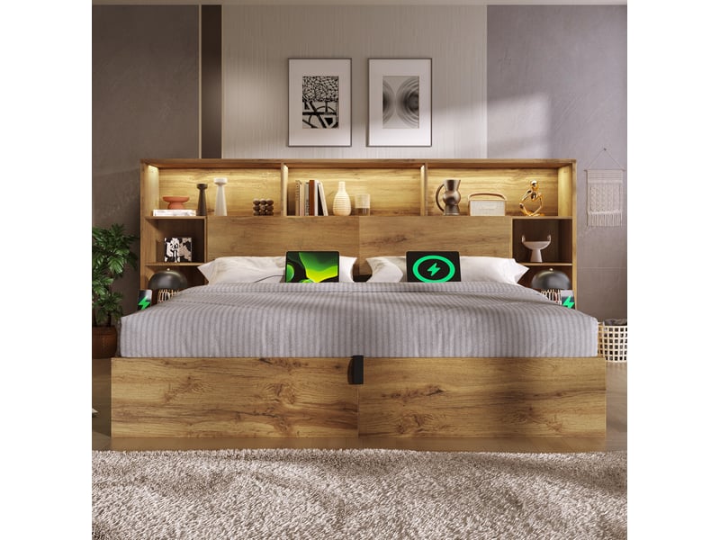  Lit 160x200 cm avec rangement hydraulique, led, usb-c et tables de chevet  - Conforama E