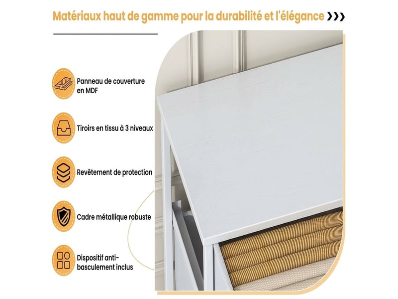  Chiffonnier neuf tiroirs tissu blanc meuble de rangement 76 cm moderne  - Conforama C