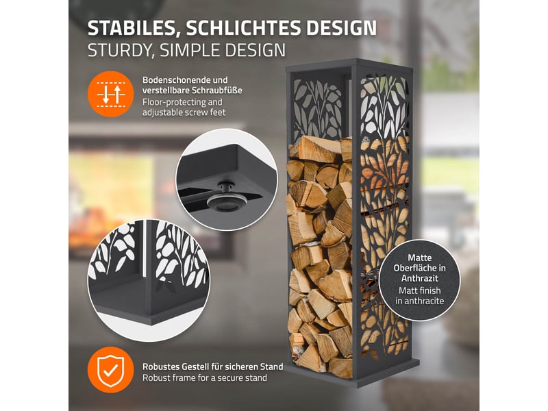  Ml-design range-bûches vertical en acier galvanisé 37,5 x 37,5 x 112 cm, intérieur et extérieur, motif de feuilles, support colonne rangement bois de chauffage cheminée, 4 crochets, anthracite mat ECD Germany GmbH - Conforama C