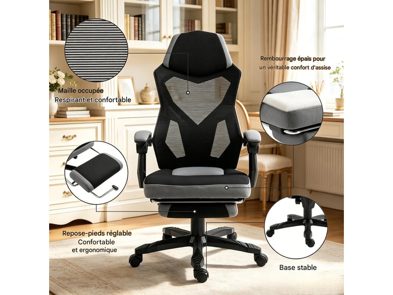  Fauteuil de bureau gaming ergonomique avec repose-pieds noir et gris 58 x 63 x 122 cm T5828P540931 - Conforama D