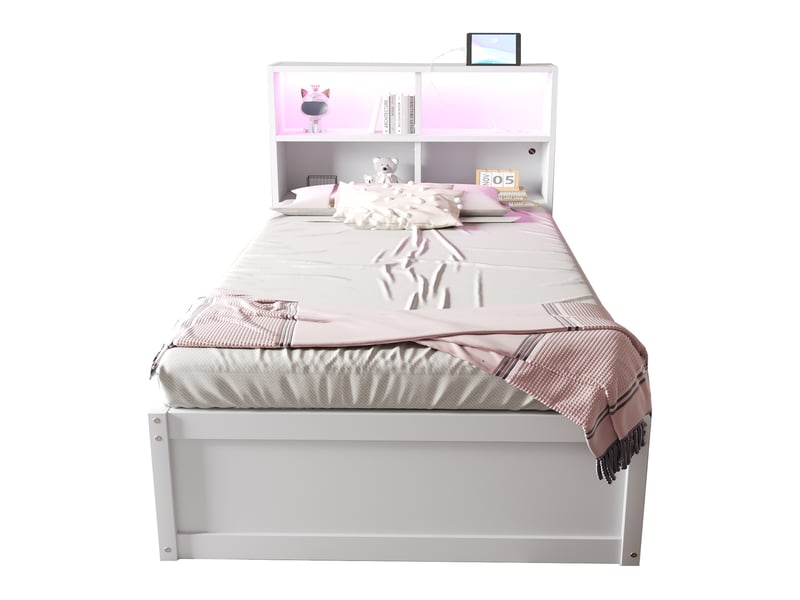  Lit multifonctionnel 90x200 cm, bois, prise, rangements et bande éclairage led, coloris blanc, sans matelas  - Conforama A
