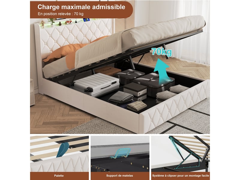  Lit coffre 140x200 cm avec led et usb, lit adulte capitonné avec rangement hydraulique, lit 2 places avec sommier à lattes, lit double avec tête de lit rembourrée, velours blanc  - Conforama E