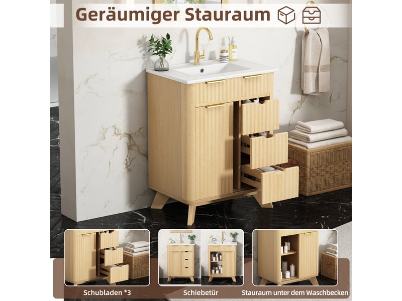  Meuble sous vasque à porte coulissante et 3 tiroirs - lpospi - mdf et céramique bois naturel 61 × 47 × 90 cm  - Conforama E