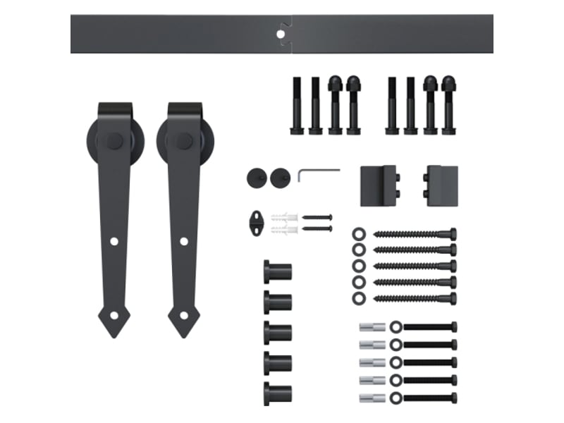  Kit de ferrure pour porte coulissante 200 cm en acier carbone marron avec rail, roulettes, anti-saut, butées et guide au sol, système complet  - Conforama E