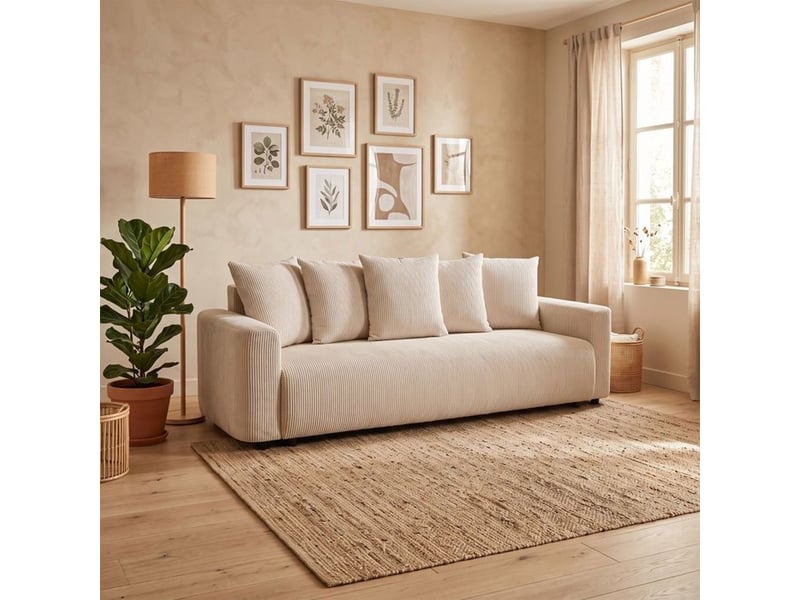  Canap convertible pharell 2 3 places avec coffre perle beige velours côtelé 5 coussins B007892 - Conforama B