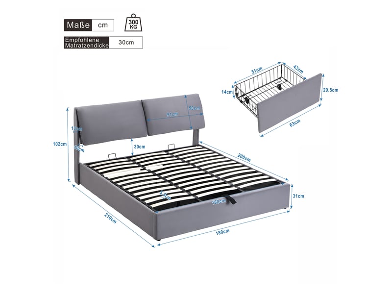  Lit coffre hydraulique 180 x 200 cm, lit double avec tête de lit rembourré et 3 tiroirs, velours gris  - Conforama C
