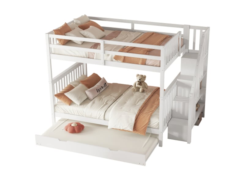 Lit superpose avec rangement 140×200 cm blanc | escalier de rangement, lit extractible à roulettes, barrières hautes, certifié en747‑1 - Conforama A