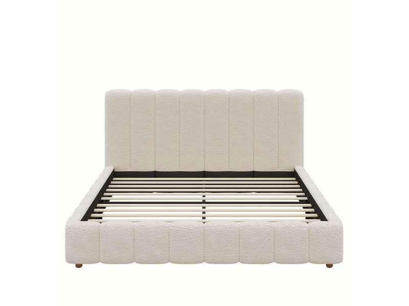  Lit double bouclé blanc sur pieds en bois 160 x 200 cm Fay Lum - Conforama R