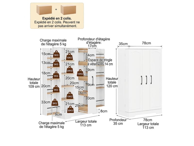  Buffet de cuisine blanc 120x78x35 cm avec tiroir vertical 4 niveaux et étagères réglables  - Conforama C