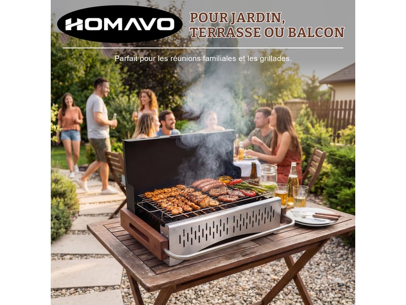 HOMAVO Barbecue Charbon de Bois Portable, Avec Ustensiles Barbecue, Conception Pliable, Surface de Cuisson: 38,15 x 20,95 cm, Adapté pour Camping, Jardin, Balcon  - Conforama B