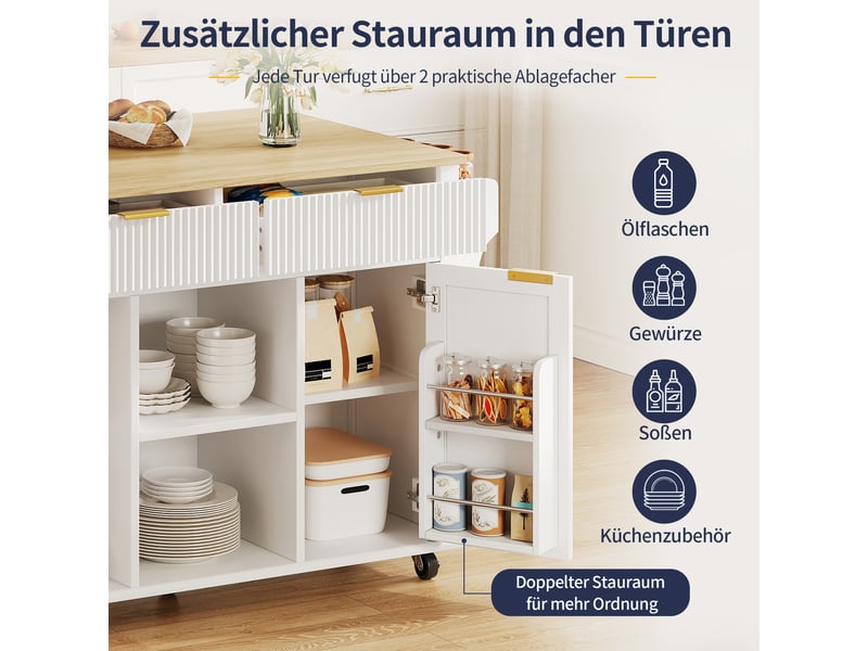 Îlot de cuisine mobile blanc et bois naturel en mdf, plateau rabattable, 2 tiroirs et 2 portes, range-épices, 120 × 45 cm - Conforama E