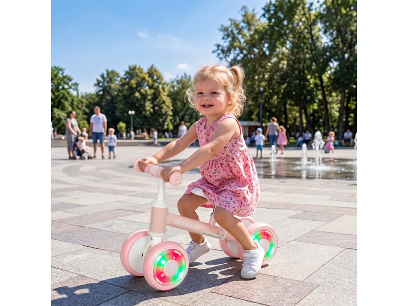  Draisienne bébé 1-2 ans, 4 roues lumineuses, siège réglable, direction limitée, pneus eva silencieux, 52x22x37cm, rose  - Conforama C