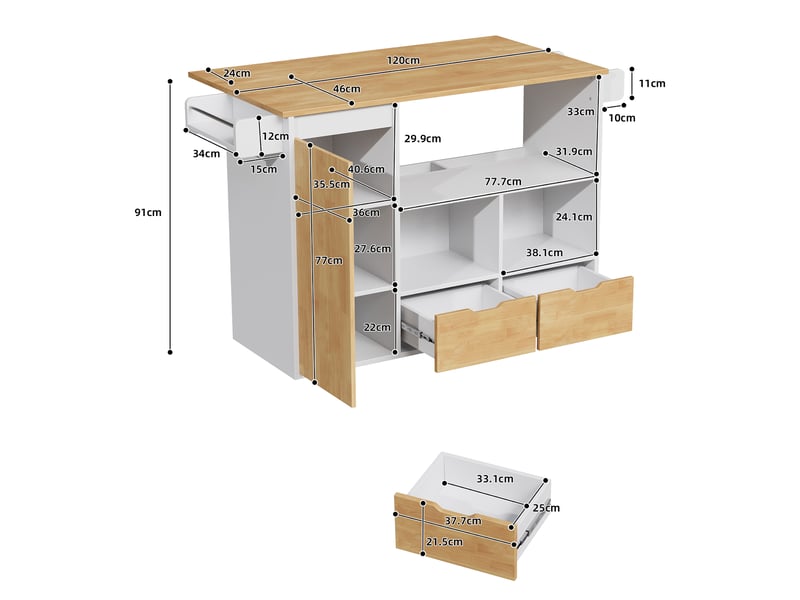 Îlot de cuisine mobile 120x70x91 cm blanc et bois, plateau rabattable, 2 tiroirs et roulettes Fay Lum - Conforama C