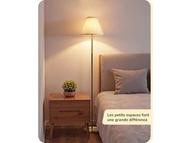  Lampe sur pied retro beige en lin coton 158 cm interrupteur au pied ampoule led e27 2700k 370618_AADHM44171_6_DROPFR - Conforama C