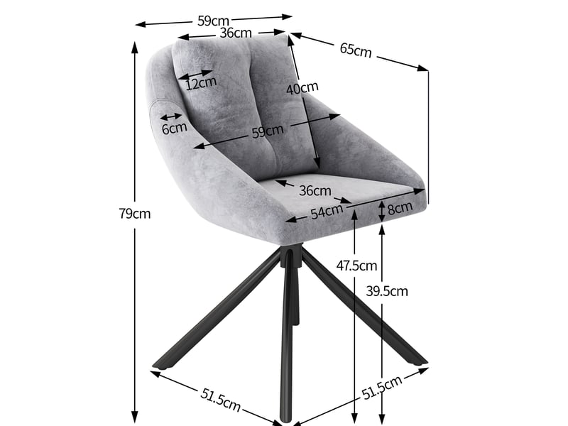  Lot de 6 chaises de salle à manger 59x65x79 cm, en tissu velouté gris, structure métallique, pivotantes  - Conforama C