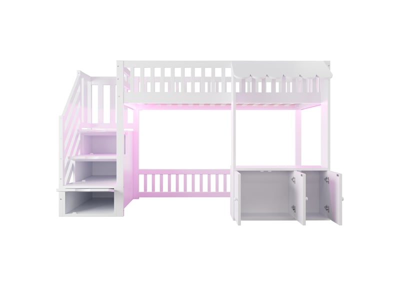 Lit mezzanine en bois 90×200 cm, avec armoire de rangement, escalier de rangement, bande lumineuse led multicolore, design sous les combles, sommier à lattes, lit simple, blanc - Conforama D