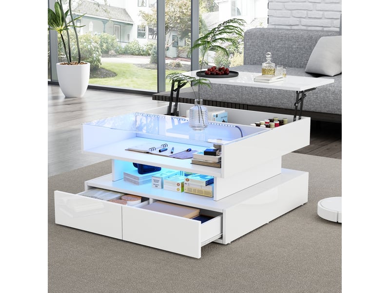  Table basse 80x80x45 cm relevable hydraulique à led, 2 tiroirs, en aggloméré blanc  - Conforama C