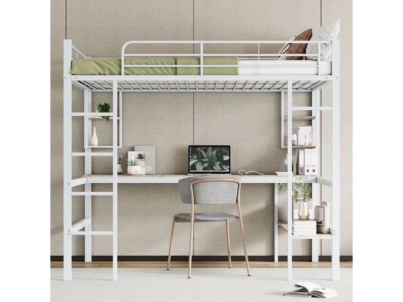  Lit mezzanine blanc 140x200cm avec rangement, échelle, bureau et étagères, 5 étagères, structure robuste - fer - pour enfant ado  - Conforama B
