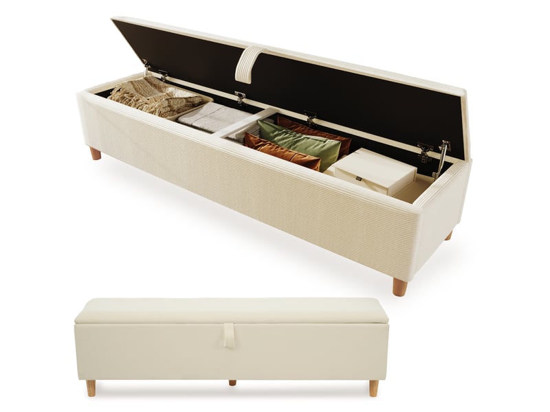 Banquette coffre 145 x 38 cm beige, tissu cord et bois, rangement hydraulique pour chambre, salon ou entrée - Conforama A