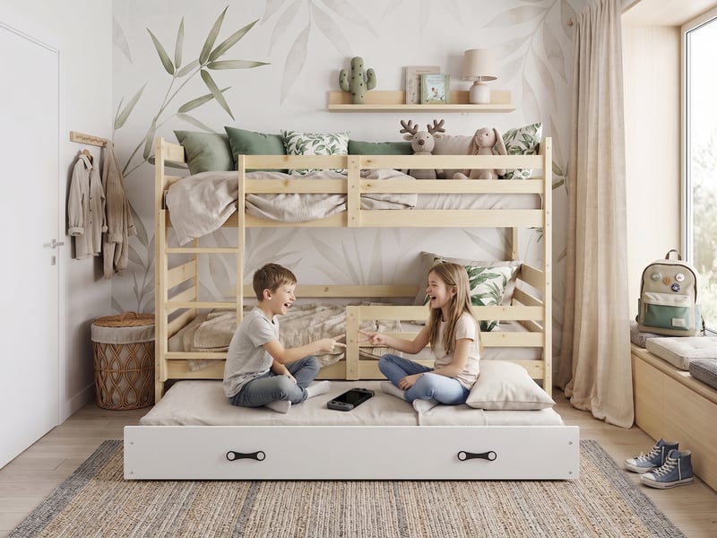  Lit superposé 3 places eric 90x190 cm + lit tiroir 80x180 cm interbeds - bois massif de pin - pin naturel  - Conforama E