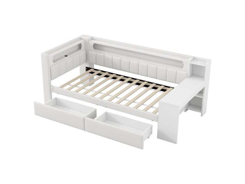  Lit banquette 90 × 200 cm, bureau intégré, 2 tiroirs, led et usb, dossier rembourré, mdf et contreplaqué, blanc  - Conforama A