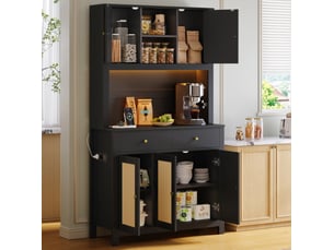 Buffet de cuisine haut led avec 5 portes en rotin, 2 tiroirs et prises intégrées, en mdf noir, 100 × 40 × 180 cm