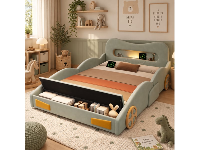 Lit enfant voiture 140x200 cm avec rangement, liseuse et port de charge, vert, sans matelas - Conforama W