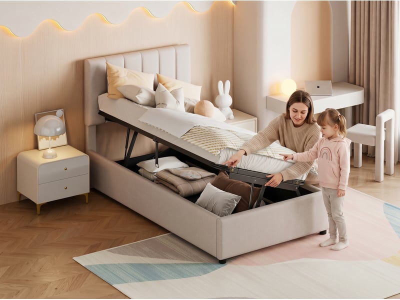  Lit coffre 90 x 200 cm - tissu lin beige - rangement hydraulique et tête de lit réglable  - Conforama E