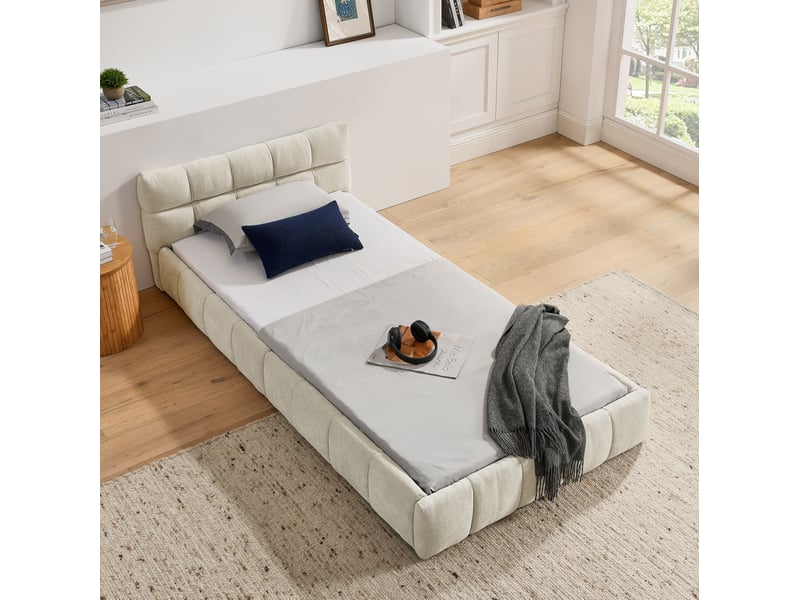  Lit simple enfant 90x200 cm en chenille beige, cadre en bois d’eucalyptus et fer  - Conforama B