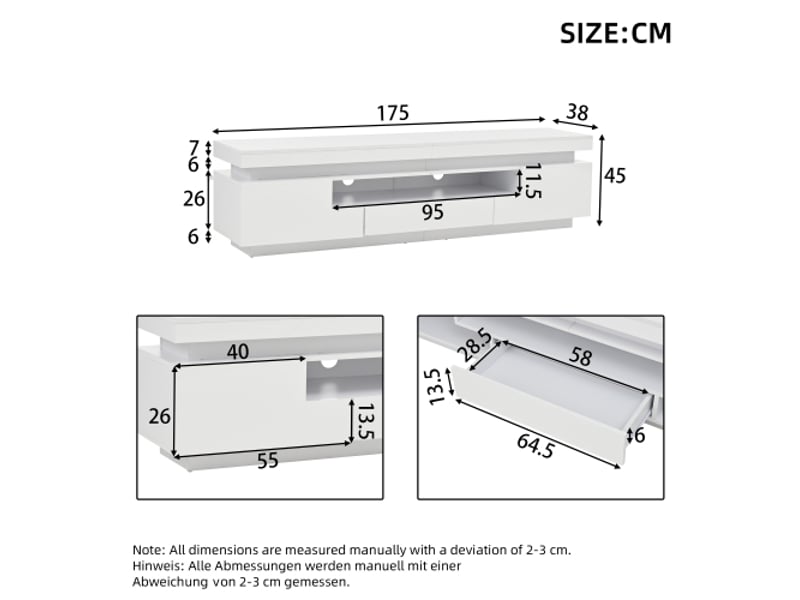  Meuble tv 175 cm blanc brillant avec led, 2 rangements en l, 1 tiroir, pour tv jusqu’à 75 pouces  - Conforama E