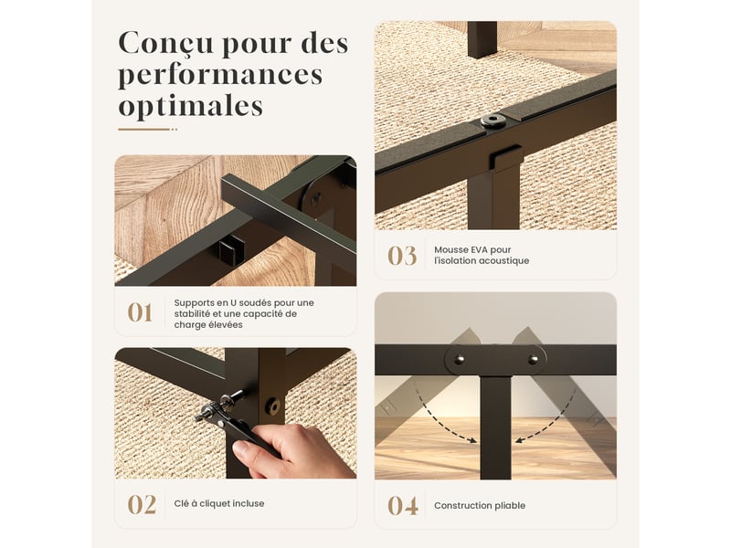  Lit 160x200 cm avec sommier à lattes, cadre de lit métallique rembourré avec tête de lit réglable, 32 cm d'espace de rangement sous le lit, lit double, noir  - Conforama C