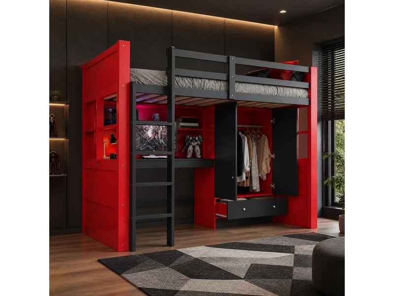  Lit mezzanine 90x200 cm avec bureau, armoire, tiroirs, led, noir et rouge  - Conforama B