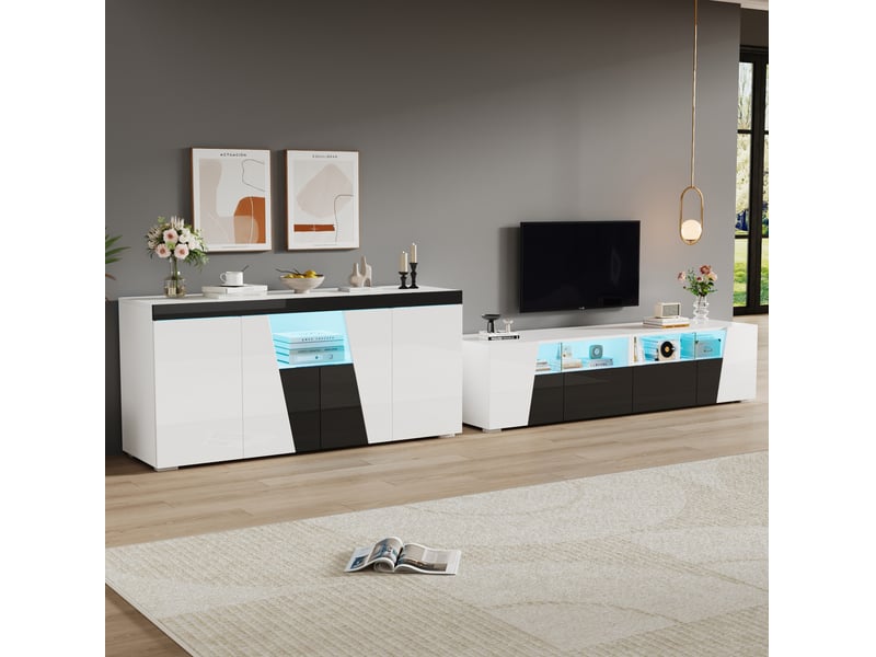  Ensemble meuble tv et buffet blanc et noir avec éclairage led, 180 x 38,5 x 45 cm et 140 x 40 x 65 cm  - Conforama C