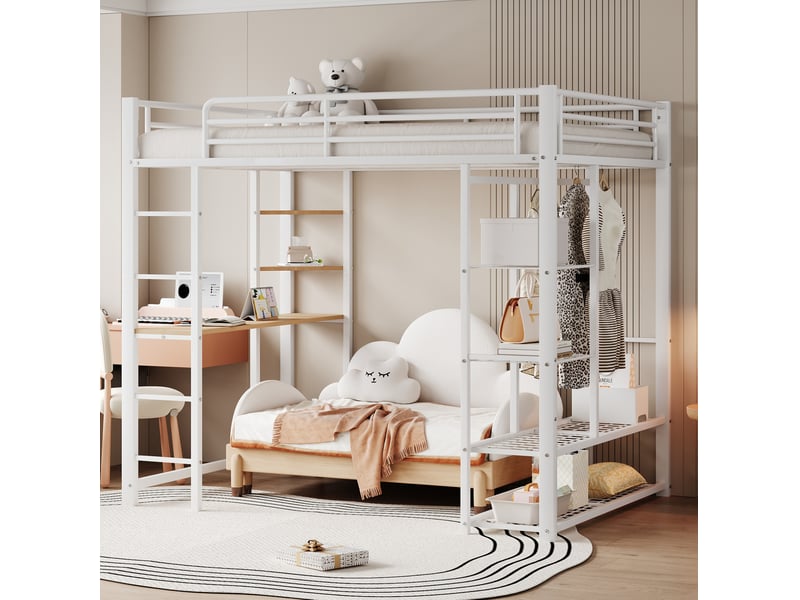 Lit mezzanine en métal 140x200 cm avec bureau, penderie et rangements, blanc - Conforama E