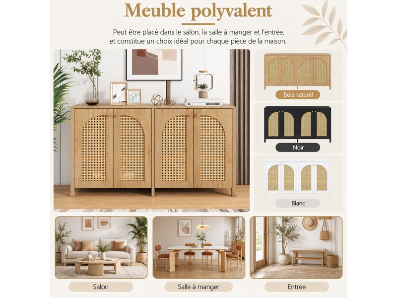  Buffet 4 portes avec façades effet rotin, poignées métal, étagères réglables et structure mdf, décor bois naturel  - Conforama D