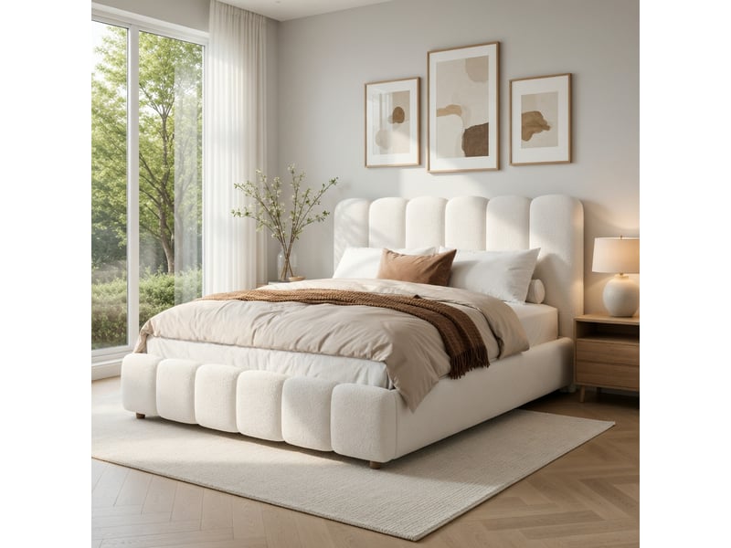  Lit adulte 140 × 200 cm, rangement hydraulique, avec sommier et tête de lit, tissu bouclé, blanc  - Conforama B