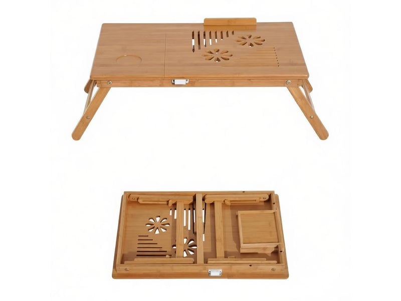 Table basse relevable pliante avec tiroir, plateau inclinable ventilé en bambou naturel pour lit 55 × 35 × 22-32,5 cm - Conforama A