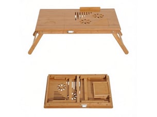 Table basse relevable pliante avec tiroir, plateau inclinable ventilé en bambou naturel pour lit 55 × 35 × 22-32,5 cm