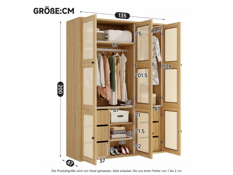 Armoire de chambre 135 x 47 x 200 cm, façade effet rotin, 6 tiroirs et 3 portes battante, 2 penderies, 4 étagères, chêne - Conforama C