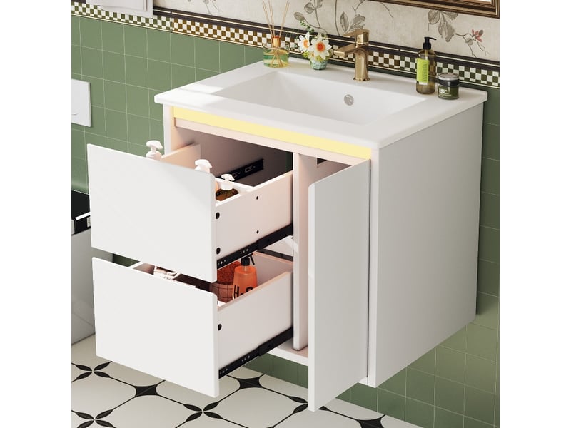 Meuble salle de bain suspendu 61 cm avec vasque en céramique intégrée, meuble vasque blanc laqué, éclairage led capteur - Conforama C