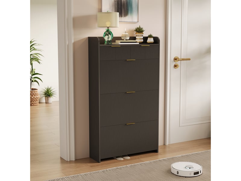  Meuble à chaussures 1 tiroir 3 abattants - 77 x 24 x 133.5 cm-noir - meuble d'entrée avec portes cannelées et poignées dorées  - Conforama C