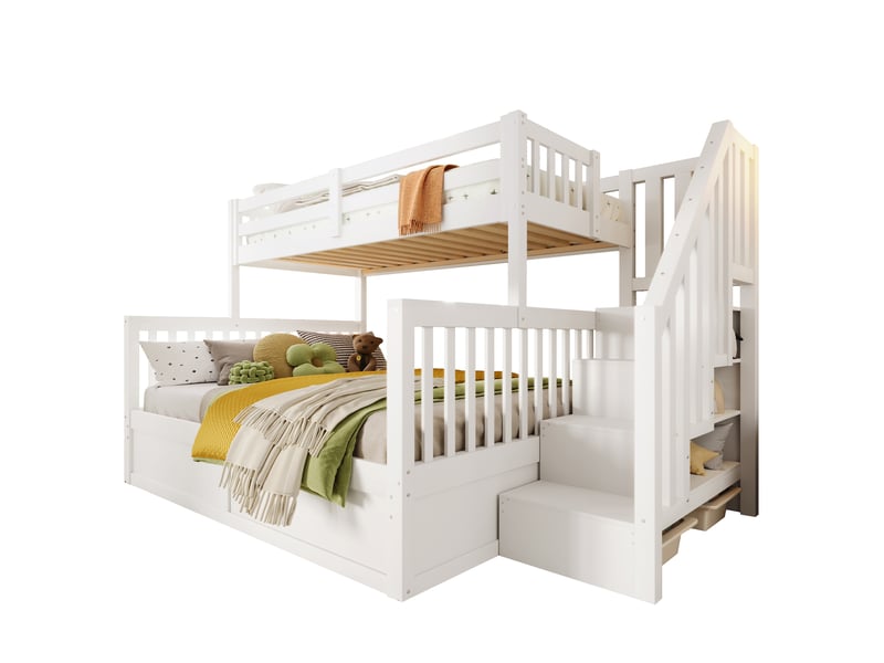 Lit superposé 3 places 90x200 et 140x200 cm avec coffre hydraulique, escalier de rangement, garde-corps, structure en pin et mdf, blanc - Conforama A