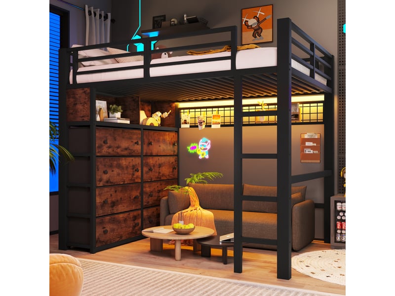  Lit mezzanine 140x200 cm, lit enfant, 8 tiroirs, panneau perforé, étagères, led, bois et métal noir  - Conforama C