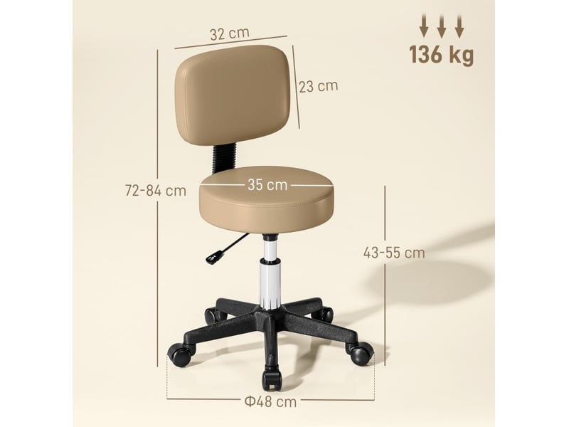  Tabouret de bureau à roulettes 35x35x84 cm réglable avec dossier marron clair  - Conforama E