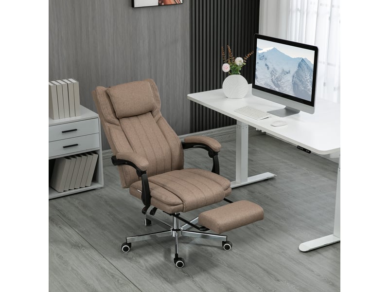  Fauteuil de bureau massant avec repose-pieds et télécommande, revêtement en tissu effet lin, 65 x 61 x 108-118 cm, marron  - Conforama C