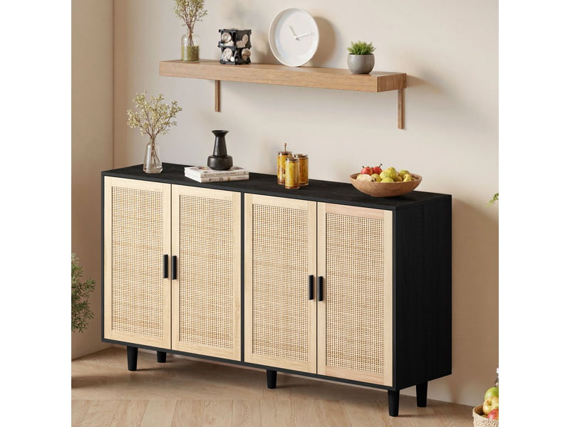  Buffet 4 portes en rotin avec étagère réglable pour salon en panneaux de particules 158×40×88 cm noir  - Conforama B
